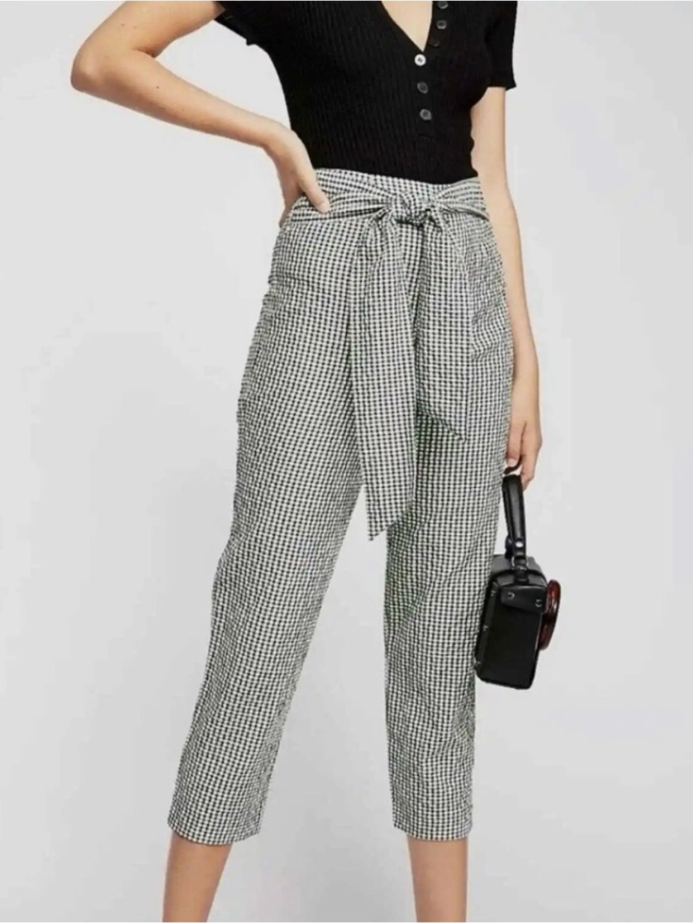 Free People High Waist Pants Cropped Tie Front Gingham Retro Vibes Casual Preppy